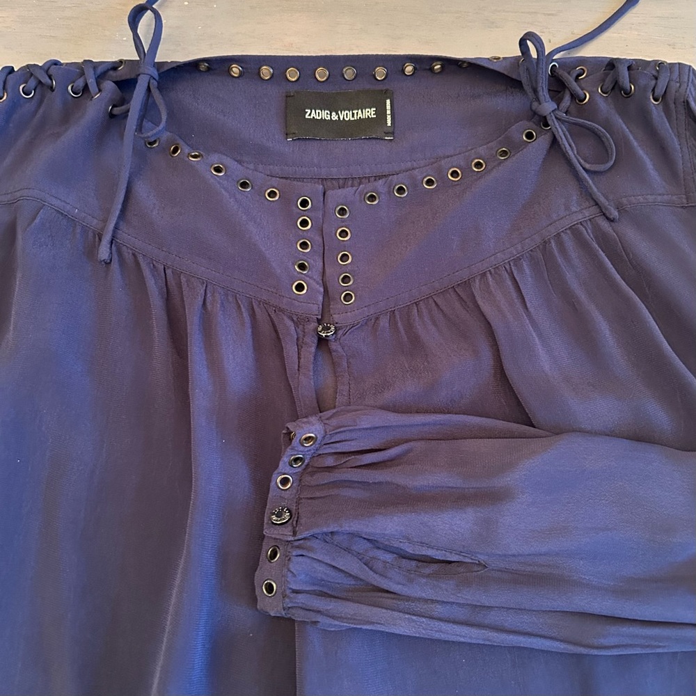 Zadig & Voltaire Tirate Blouse Small Navy Blue long sleeves Tie Shoulders - Picture 9 of 10